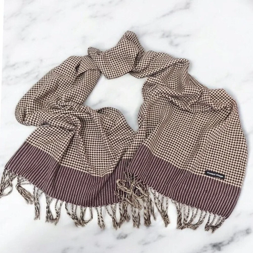 Printed Village Burgundy Cream‎ Houndstooth Scarf Cotton Pashmina Fringe Wrap